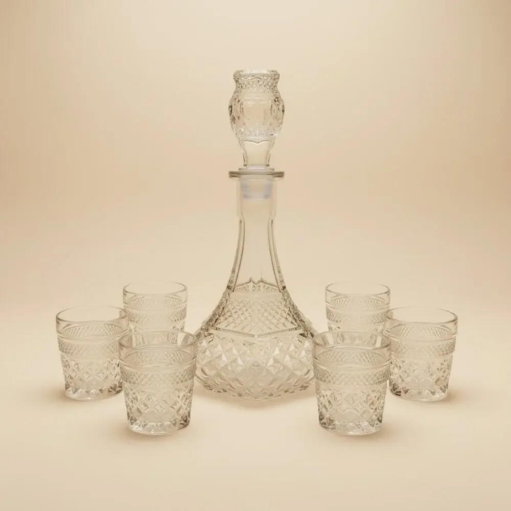 Vintage Anchor Hocking Wexford Decanter & 7 Rocks Glasses-Barware-Whiskey Set
